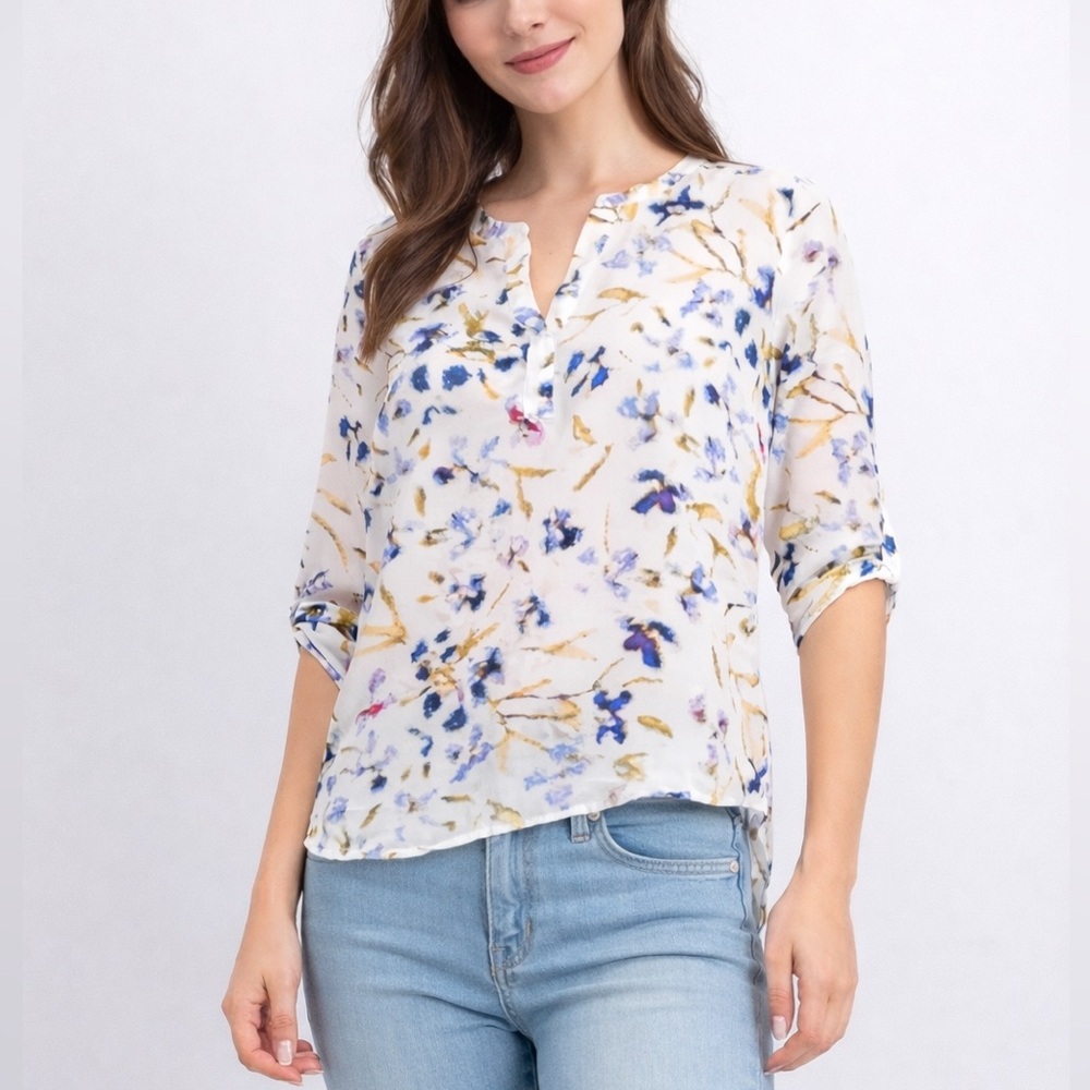 Daniel Rainn White Purple Blue Green Floral Bohemian Chic Blouse Casual Top L